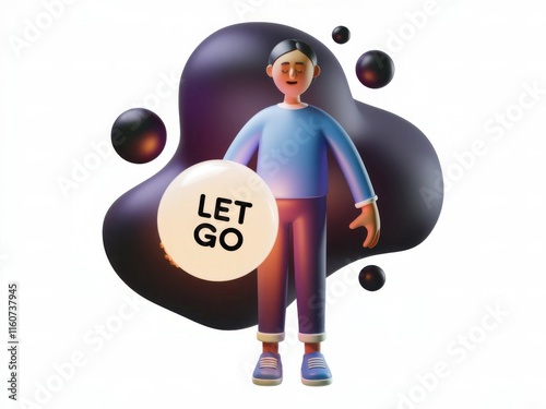 3D character holding a 'Let Go' sign with abstract shapes in the background