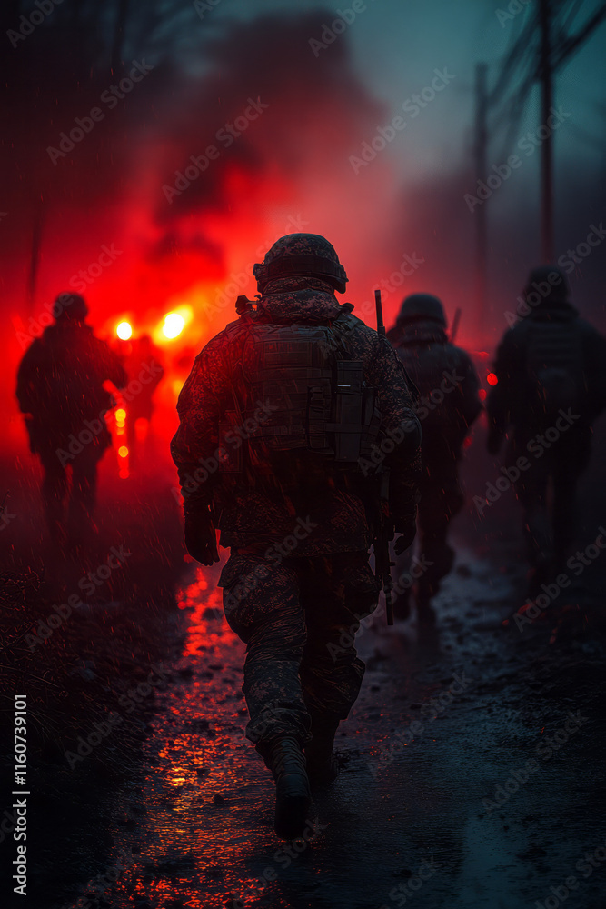 A battlefield at night with flares lighting up the chaos, A battlefield at night with flares lighting up the chaos,