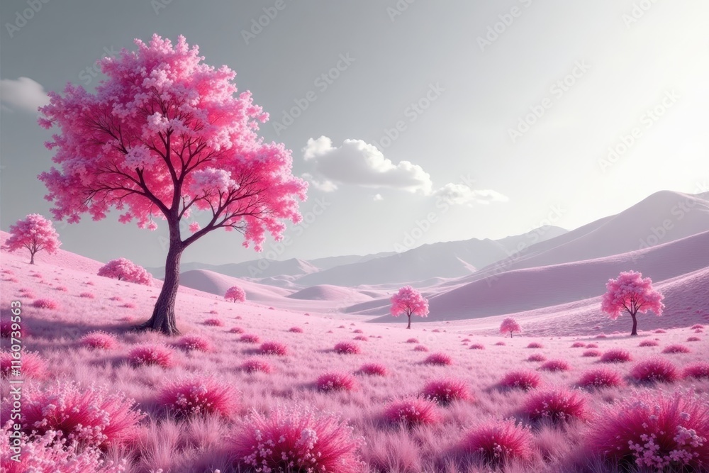 Serene Pink Landscape Blossoming Trees and Gentle Hills Under a Soft Sky Serene Pink Landscape Blossoming Trees and Gentle Hills Under a Soft Sky