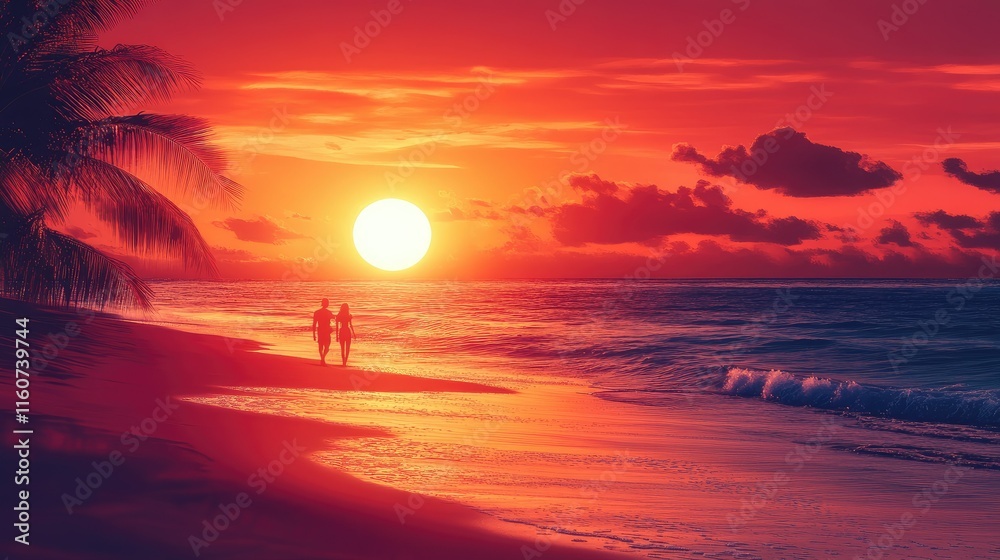 Romantic Sunset Stroll on Tropical Beach Romantic Sunset Stroll on Tropical Beach