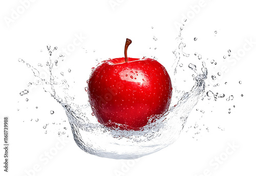 Dicut image of a red  single apple with splashing water. The droplets give the apple a fresh and juicy appearance on a isolated transparent background png photo