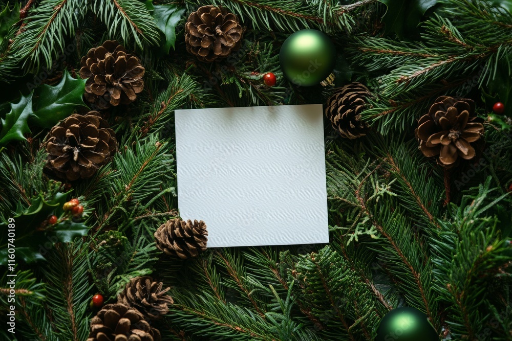 Festive holiday backdrop featuring pine branches, pinecones, and a blank note for seasonal messages Festive holiday backdrop featuring pine branches, pinecones, and a blank note for seasonal messages