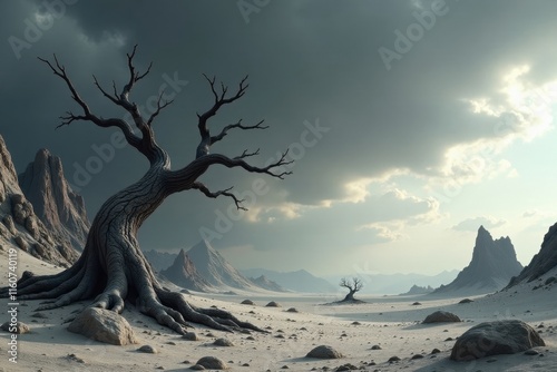 A lone, ancient tree clings to life in a desolate, rocky landscape under a brooding sky photo