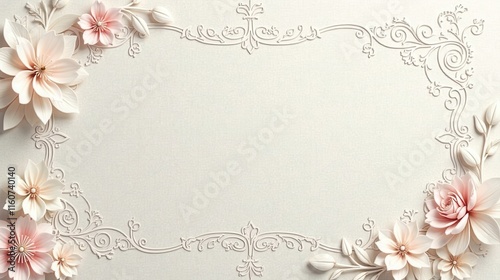 Elegant floral frame with delicate paper flowers and ornate design, ideal for wedding invitations or romantic announcements.
