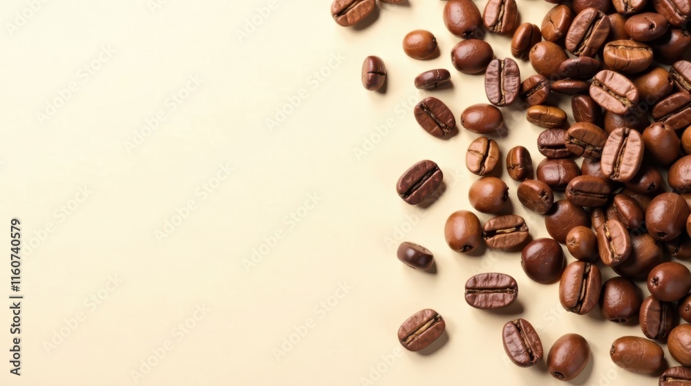 Naklejka premium Aromatic Roasted Coffee Beans Scattered on a Neutral Background, Ideal for Packaging Design and Culinary Publications