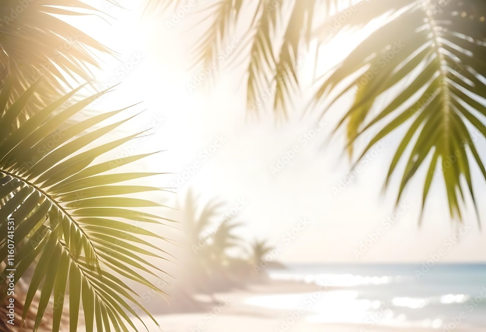 Fototapeta premium Blurred Tropical Beach Background with Palm Leaves and Ocean View