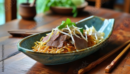 Fine Cuisine Dish with Fresh Noodles and Toppings in Elegant Serving Dish on Rustic Table photo