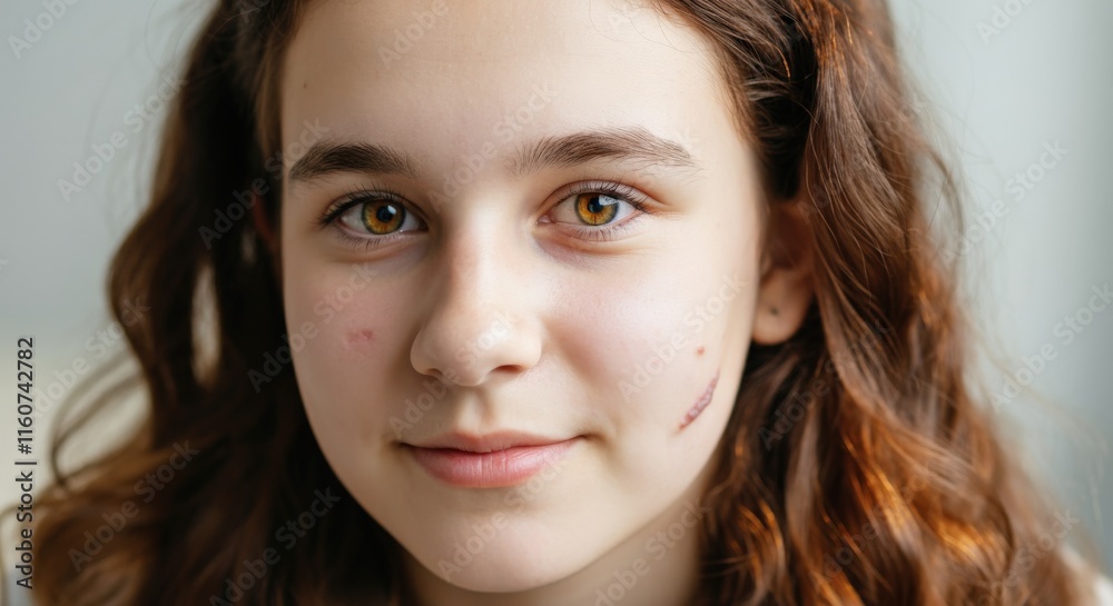 Young caucasian girl with curly hair gazing calmly, highlighting facial expression and natural beauty Young caucasian girl with curly hair gazing calmly, highlighting facial expression and natural beauty