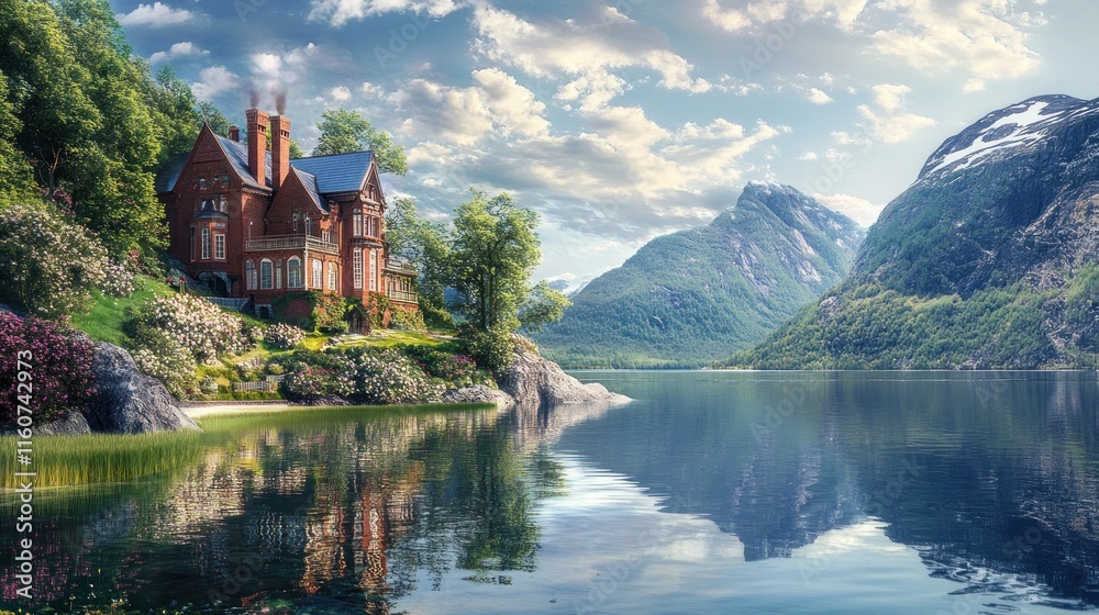 Fototapeta premium Majestic lake house nestled in scenic mountains.