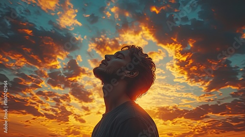 A man with hands raised in prayer against a cloudy blue sky represents religion, spirituality, and faith. This silhouette of a religious person with closed eyes symbolizes praise, blessing
