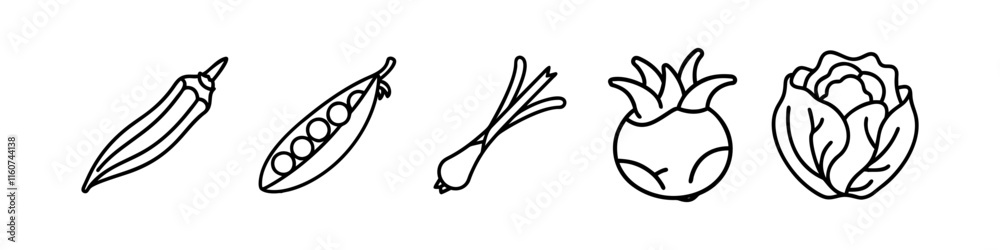 Line Icons of Fresh Vegetables and Greens -Minimalistic line icons featuring vegetables, including okra, peas, green onions, kohlrabi, and cabbage, ideal for healthy food and gardening themes. Line Icons of Fresh Vegetables and Greens -Minimalistic line icons featuring vegetables, including okra, peas, green onions, kohlrabi, and cabbage, ideal for healthy food and gardening themes.