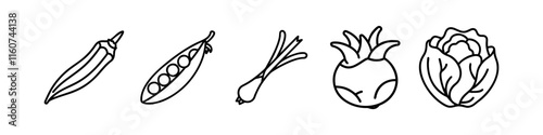 Line Icons of Fresh Vegetables and Greens -Minimalistic line icons featuring vegetables, including okra, peas, green onions, kohlrabi, and cabbage, ideal for healthy food and gardening themes.