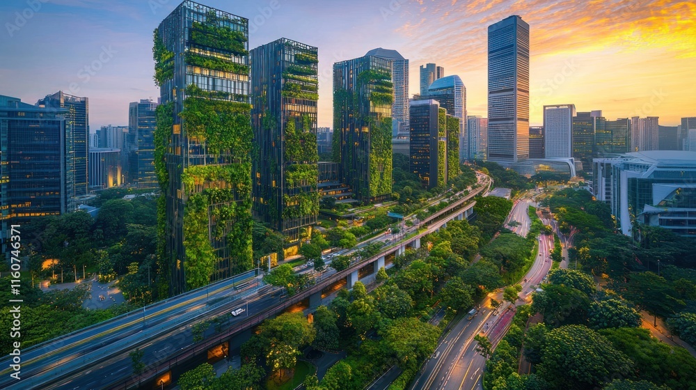 Naklejka premium Green city skyline at sunrise, showcasing eco-friendly skyscrapers and integrated nature.