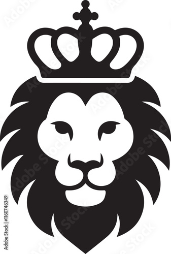 A bold, black and white silhouette of a lion head wearing a crown. photo