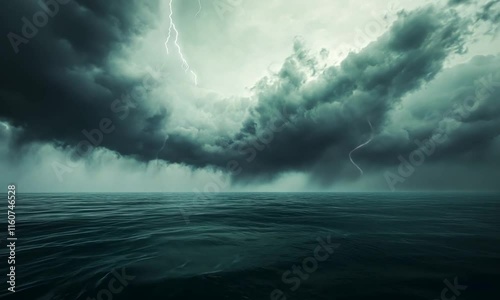 Dark Stormy Ocean with Lightning Strikes Dramatic Seascape