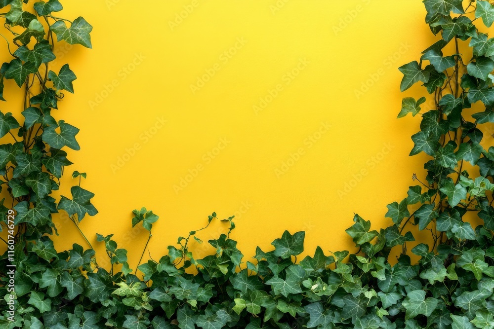 Vibrant yellow wall adorned with lush green ivy creating a striking natural contrast in a modern setting Vibrant yellow wall adorned with lush green ivy creating a striking natural contrast in a modern setting