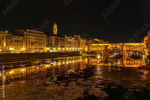 Obraz na płótnie Stunning view of Ponte Vecchio and Florence at night with reflections on the Arno River w salonie