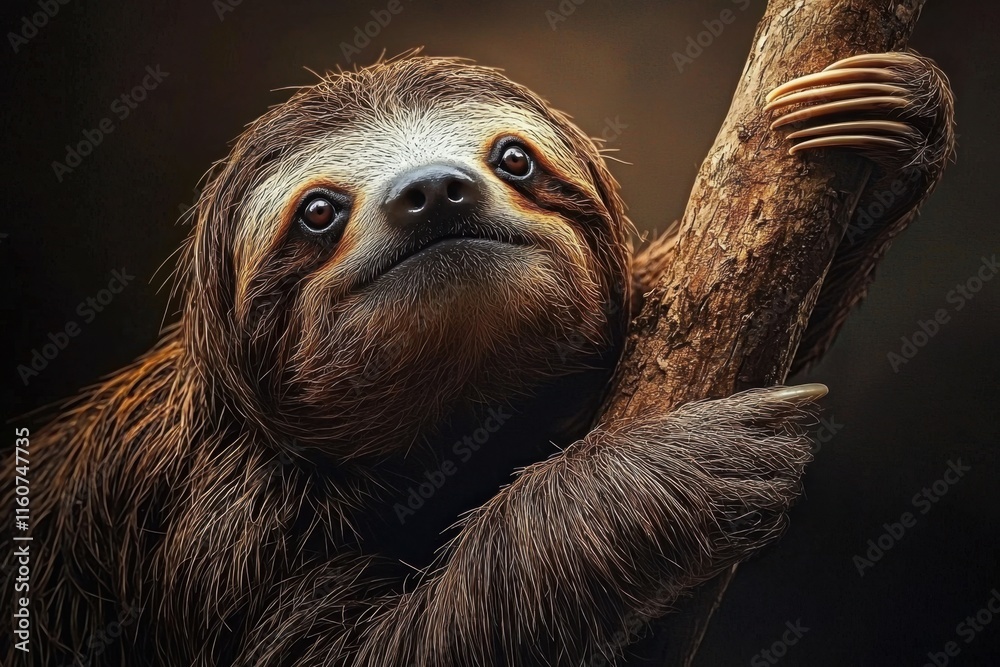 In the wild, a sloth remains vigilant while resting on a tall branch. In the wild, a sloth remains vigilant while resting on a tall branch.