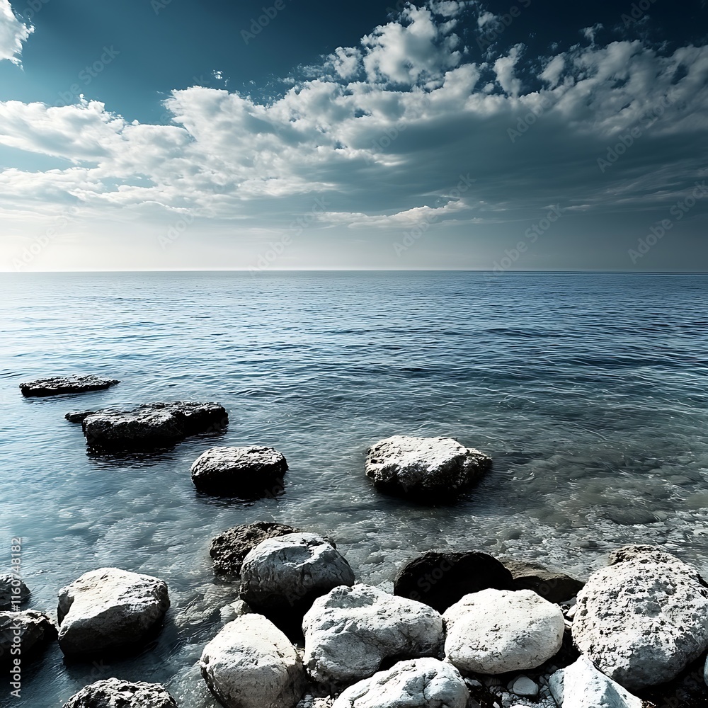 a rocky beach with water and clouds in the sky a rocky beach with water and clouds in the sky