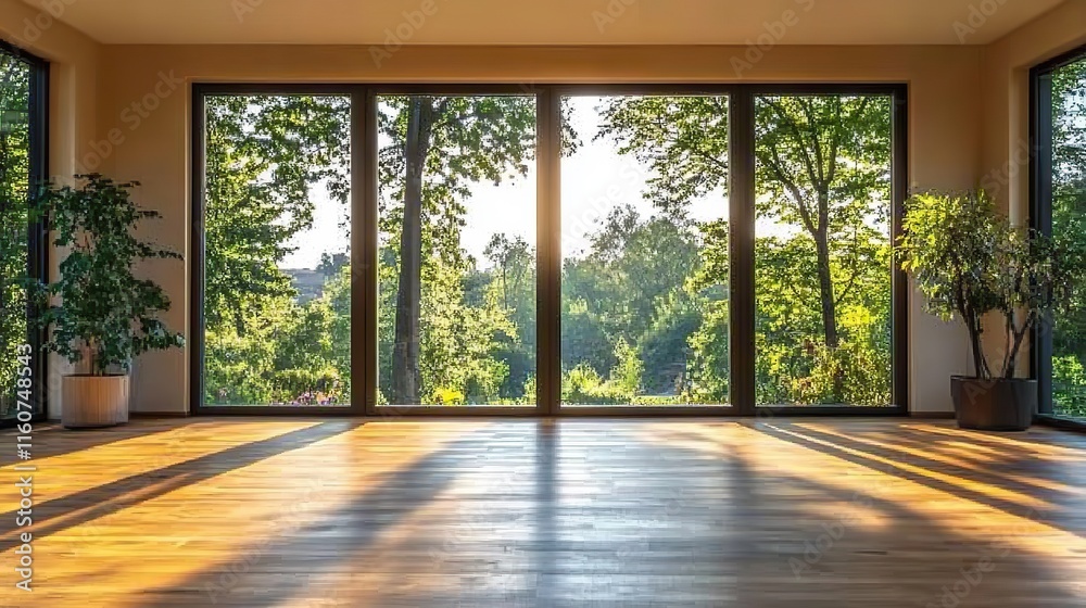 Fototapeta premium A room with large windows and wood floors offers an empty space in a modern home with garden views