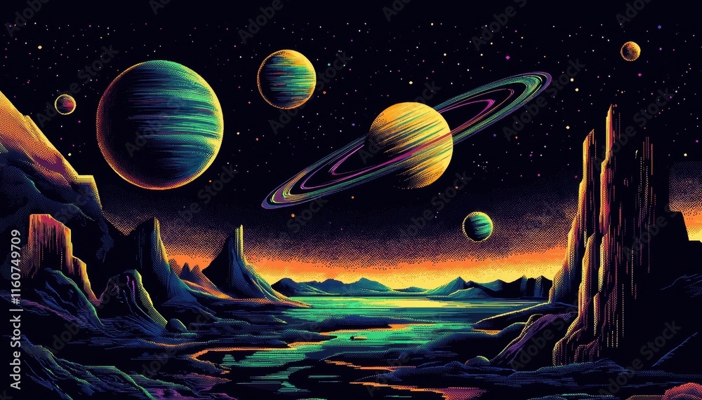 Naklejka premium Retro-inspired pixel art assets showcasing space themes.