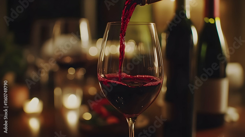 Red Wine Being Poured Into a Glass With Bottles and Candlelight in the Background. Generative AI photo