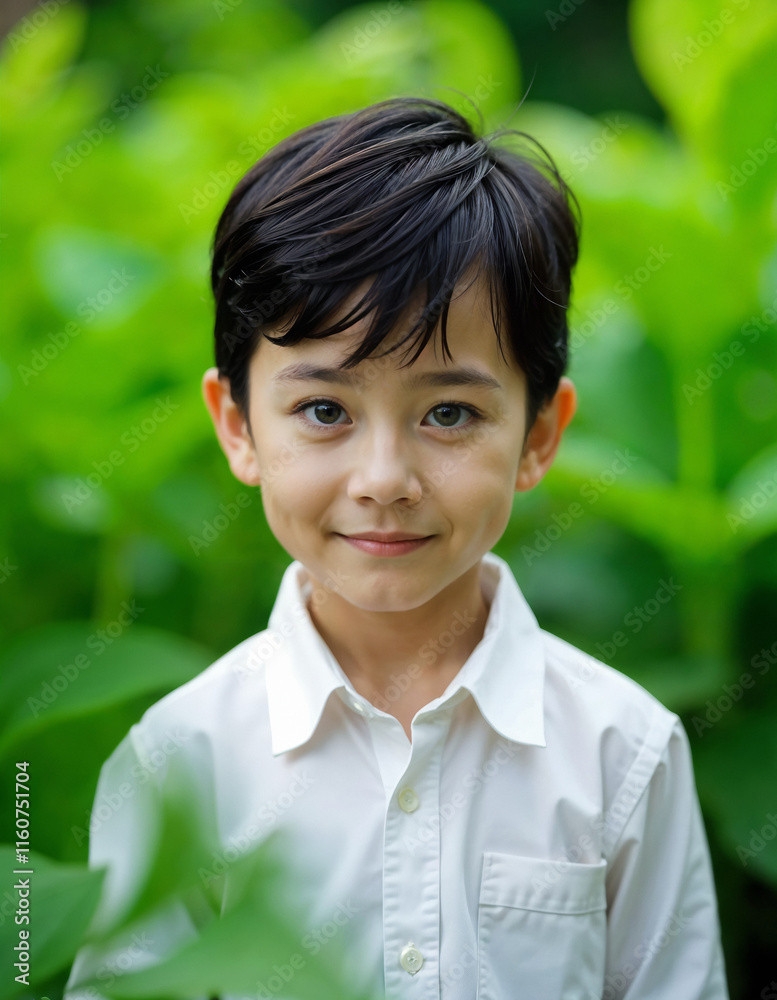 A asian boy with short black hair wearing a white shirt , smiling in front of a blurred green background A asian boy with short black hair wearing a white shirt , smiling in front of a blurred green background