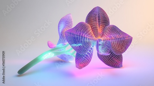 Abstract iridescent orchid flower with vibrant neon light effects on a white background. photo