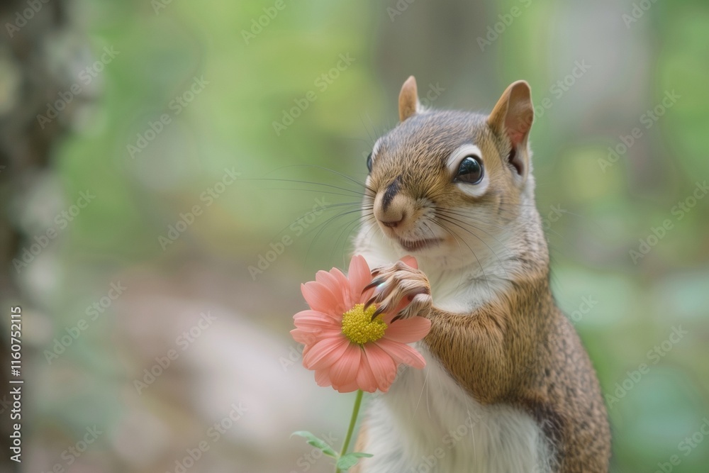 A cute squirrel holding a flower, offering it to another with love. A cute squirrel holding a flower, offering it to another with love.
