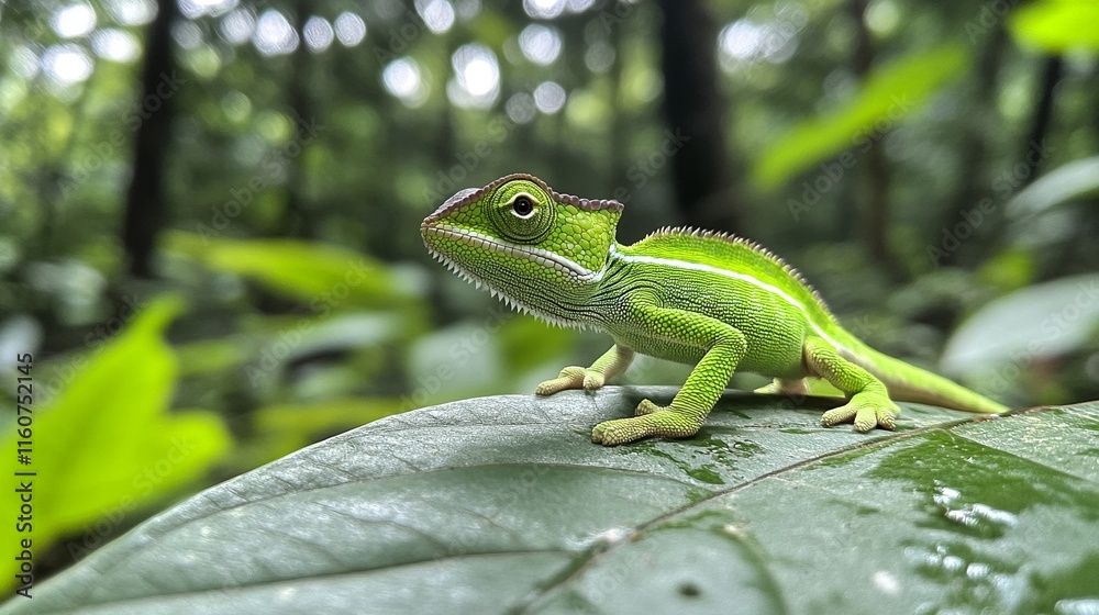 A small green chameleon with large eyes and spiky scales on its body is perched on top of a leaf in the middle of a dense forest. A small green chameleon with large eyes and spiky scales on its body is perched on top of a leaf in the middle of a dense forest.