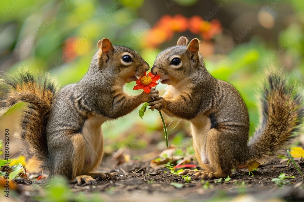 A playful squirrel presenting a flower to its partner, surrounded by nature. A playful squirrel presenting a flower to its partner, surrounded by nature.