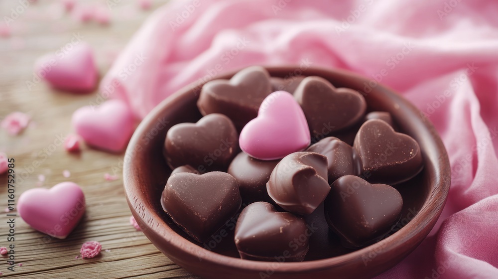 A bowl of heart-shaped chocolates, with a pink fabric backdrop, perfect for romantic occasions or celebrations. A bowl of heart-shaped chocolates, with a pink fabric backdrop, perfect for romantic occasions or celebrations.