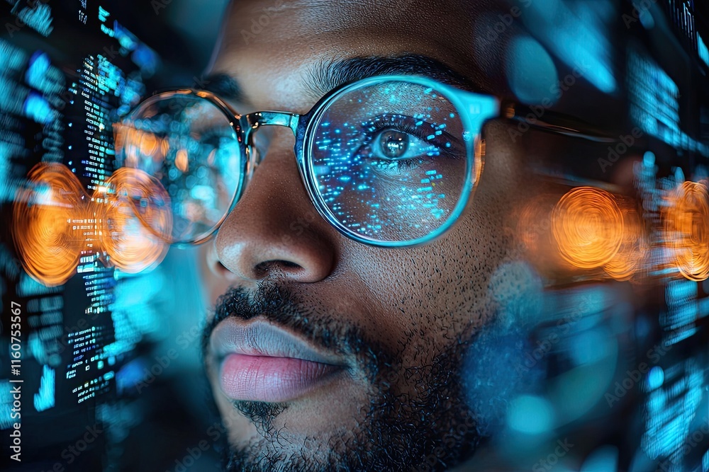 reflection of computer screen in mans glasses reflection of computer screen in mans glasses