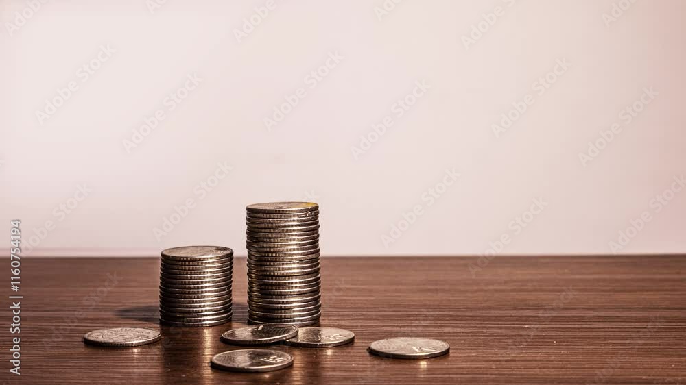 stopmotion animation of pile Stacks of Ghanaian cedi and pesewas coins rising piling up on brown wooden desk