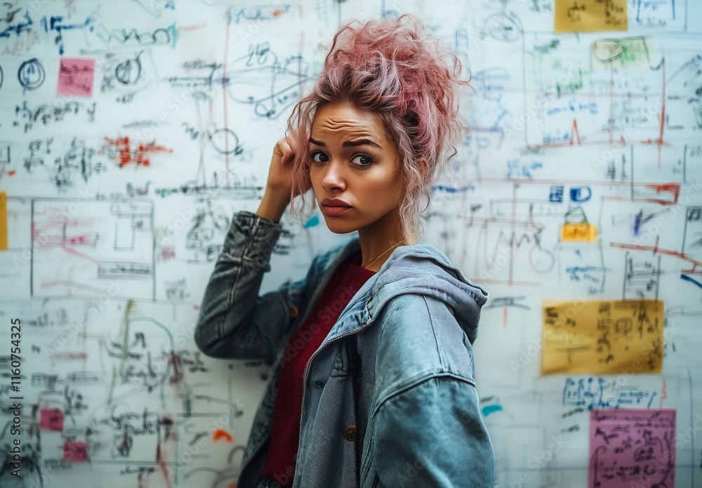 A beautiful woman with pink hair, wearing an oversized jacket, stands before a whiteboard covered in ideas and notes, looking at the camera. A beautiful woman with pink hair, wearing an oversized jacket, stands before a whiteboard covered in ideas and notes, looking at the camera.