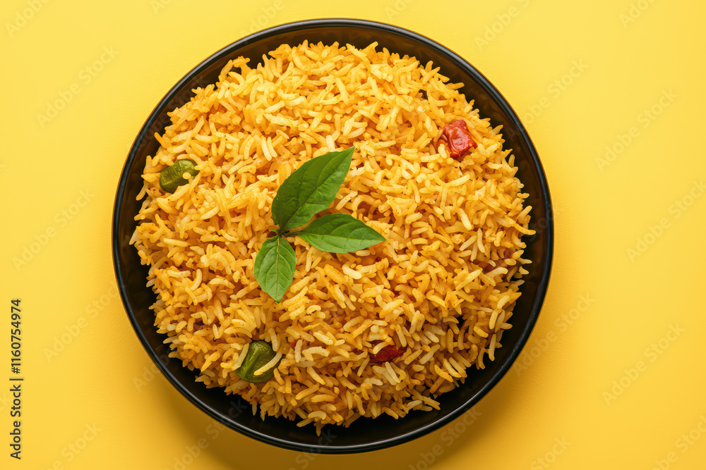 Delicious yellow rice with herbs and vegetables in black bowl Delicious yellow rice with herbs and vegetables in black bowl