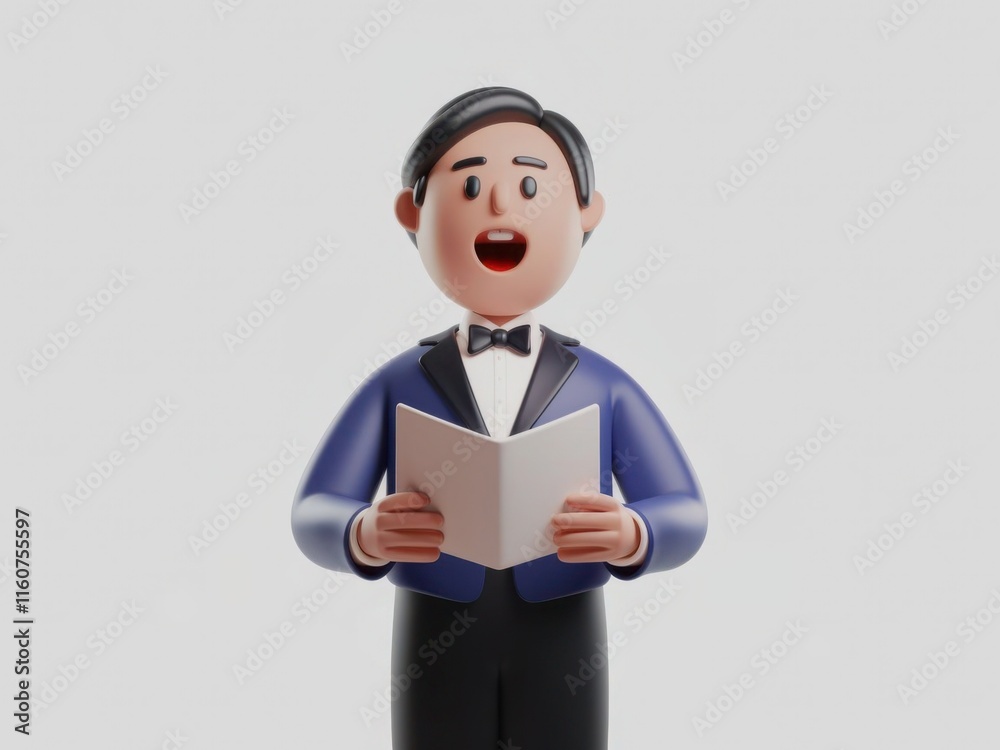 3D Singer Performing with Joyful Expression Holding Sheet Music Against Light Background 3D Singer Performing with Joyful Expression Holding Sheet Music Against Light Background
