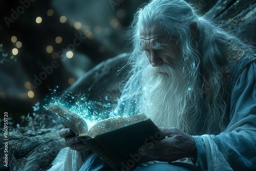 Wise elder reading ancient book in mystical forest with glowing magic