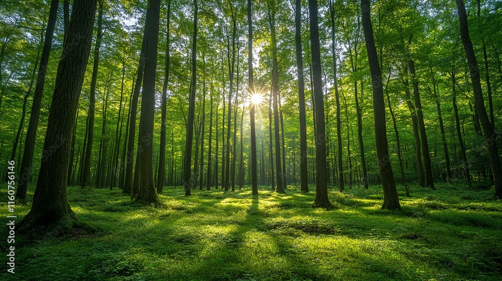 Fototapeta premium the sun shining through the trees in a lush green forest.