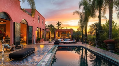 Wallpaper Mural Sunset view of luxury villa with pool and patio. Torontodigital.ca