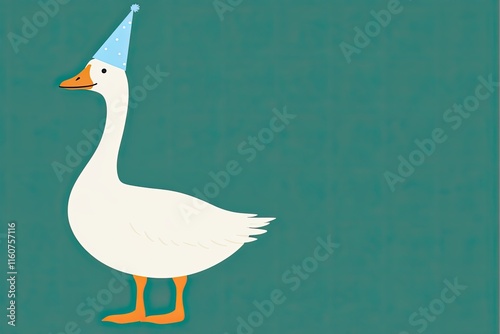  white long neck goose wearing a light blue party hat 