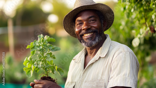 man holding a seedling that he will plant in the ground, eco activism, earth day photo