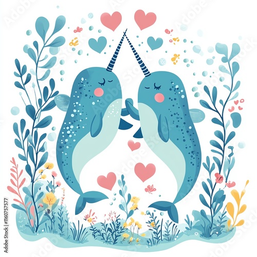 Wallpaper Mural Two playful narwhals surrounded by hearts and flowers in a vibrant ocean scene. Torontodigital.ca