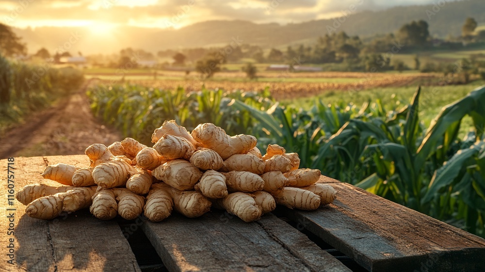 Fresh Ginger Root Piled on Top of Wooden Table with Fields and Mountains in Background. Fresh Ginger Root Piled on Top of Wooden Table with Fields and Mountains in Background.
