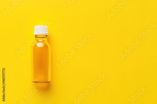 Bright yellow background highlights clear bottle filled with gol photo