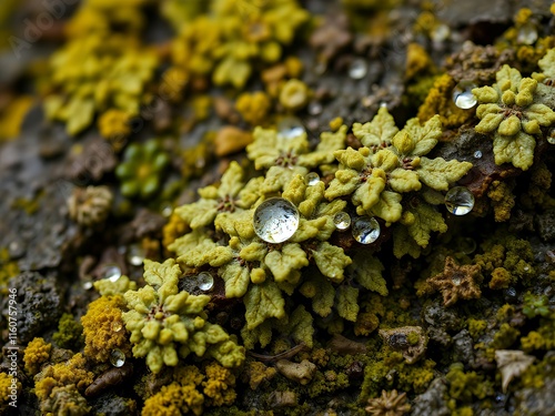  moss growing on a tree trunk with water droplets. photo