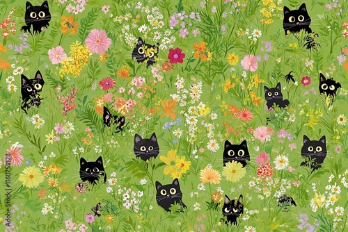 seamless pattern with flowers and a set of cats 
