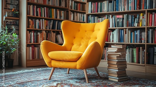 A cozy reading nook featuring a bright yellow wingback chair and a stack of books on an intricately patterned rug. photo