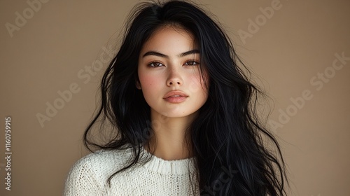 Asian Woman Wearing White Knit Sweater Standing Against Beige Wall. photo