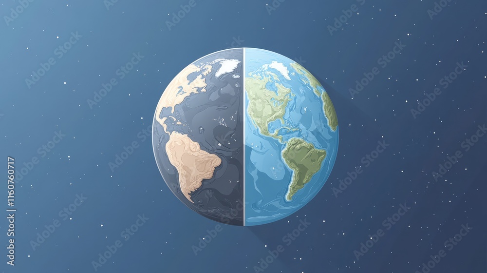 Fototapeta premium A Divided Planet: A poignant illustration of Earth, half in pristine blue and green hues, the other half shrouded in a somber gray, symbolizing the urgency to protect our planet. 